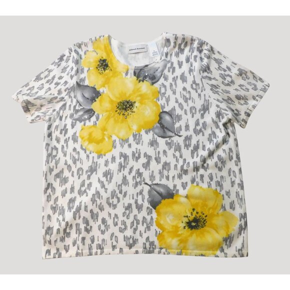 Alfred Dunner Sweater Top XL White Gray Animal Print Yellow Floral Cotton - Picture 7 of 9